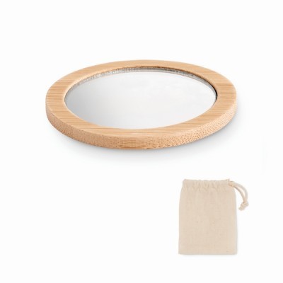 Espejo de maquillaje redondo de madera de bambú